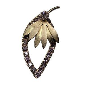Vintage Purple Berry Brooch Prong Set Rhinestones Gold Plated Leaves & Stem